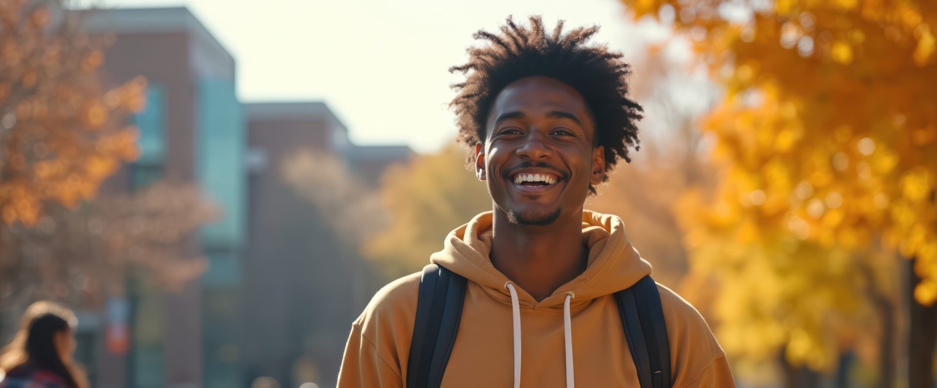 Student smiling at camera with autumn leaves in background
